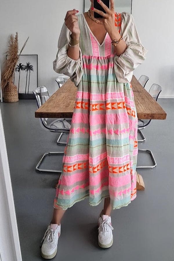 Vestido midi con estampado de rayas de clave griega rosa y cadena naranja