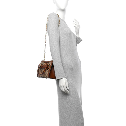 New Canvas Charisma Calfskin Crystal GG Monogram Mini Diana Tote Bag Camel Ebony