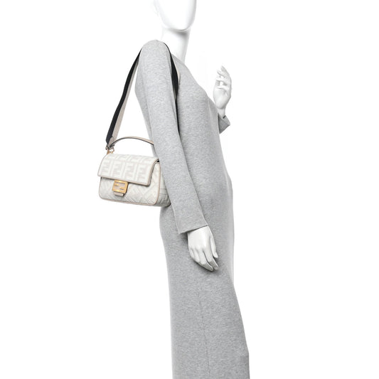 Canvas Vitello King FF Embroidered Baguette Grezzo White Nuvola