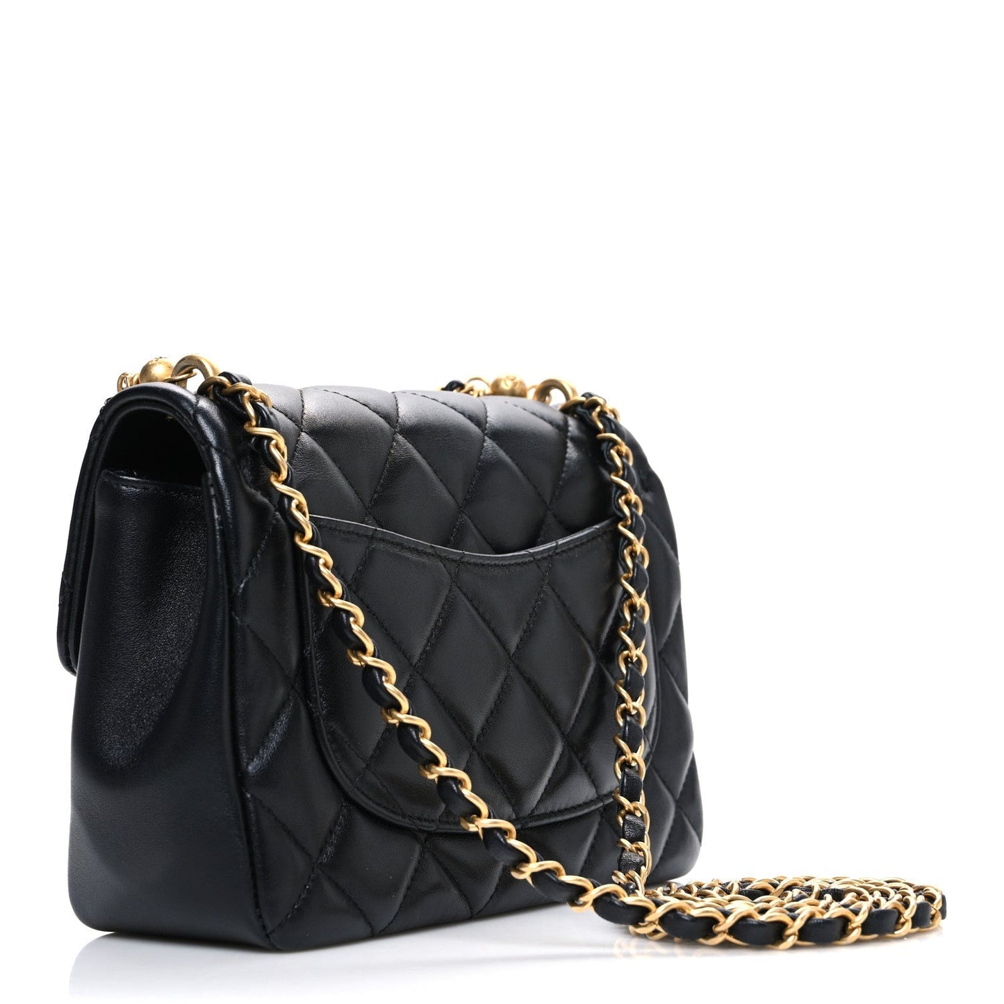 Shiny Lambskin Quilted Pearl Twist Mini Square Flap Black