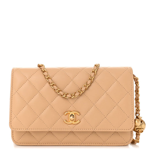 Lambskin Quilted CC Pearl Crush Wallet on Chain WOC Beige