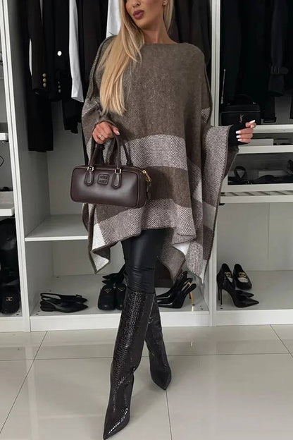 Poncho holgado con mangas murciélago, de punto a cuadros y bloques de color, tranquilo y elegante 