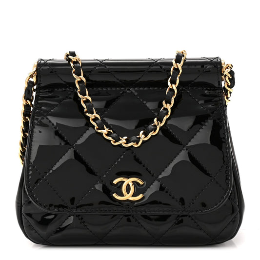 Patent Quilted Frame Clutch Flap With Chain Black