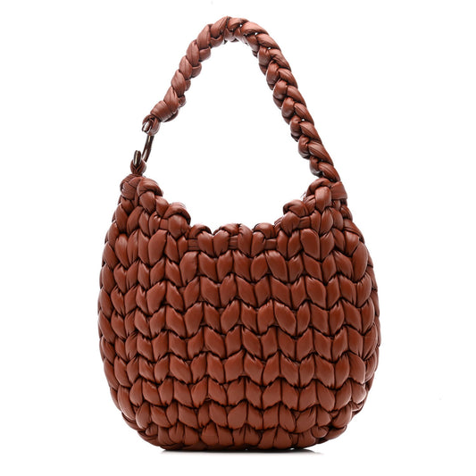 Lambskin Woven Wooden C Shoulder Bag Sepia Brown