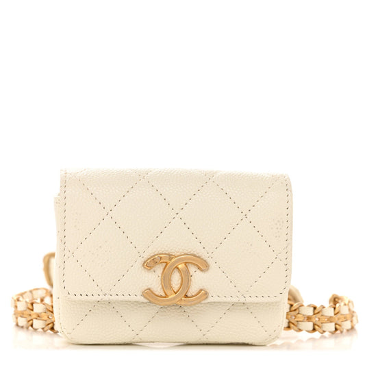 Shiny Caviar Quilted Chain Melody Belt Bag White