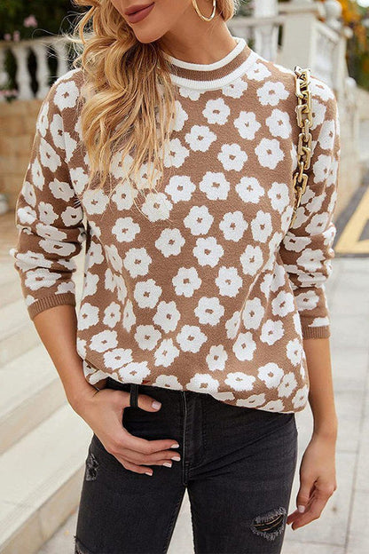 Suéter de punto con estampado floral y cuello alto, suéter ligero con bloques de color