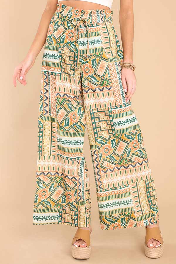 Pantalones rectos de pierna ancha y cintura alta con cordón ajustable