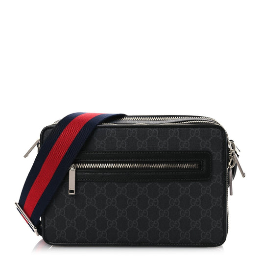 GG Supreme Monogram Calfskin Web Medium Crossbody Bag Black Grey