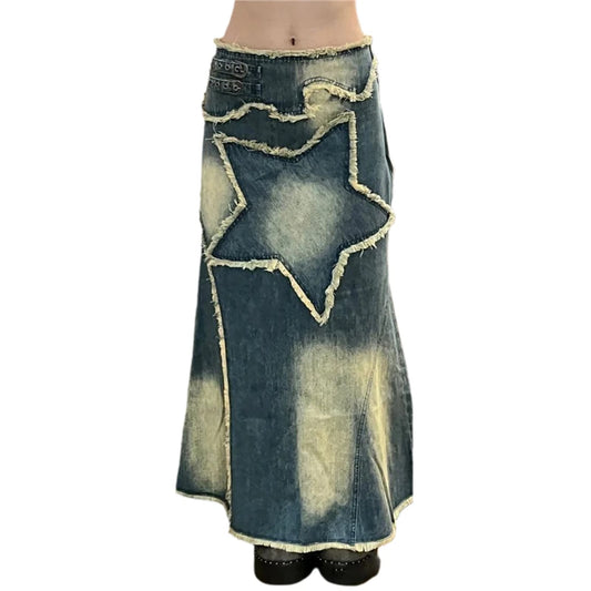Women Denim Skirt y2k Aesthetic Grunge Fairycore Pentagram Pattern Long Skirts with Tassels 2000s Skirt Streetwear