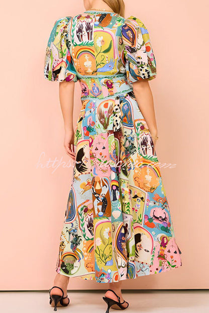 Exquisite Unique Printed V Neck Puff Sleeve Maxi Dress