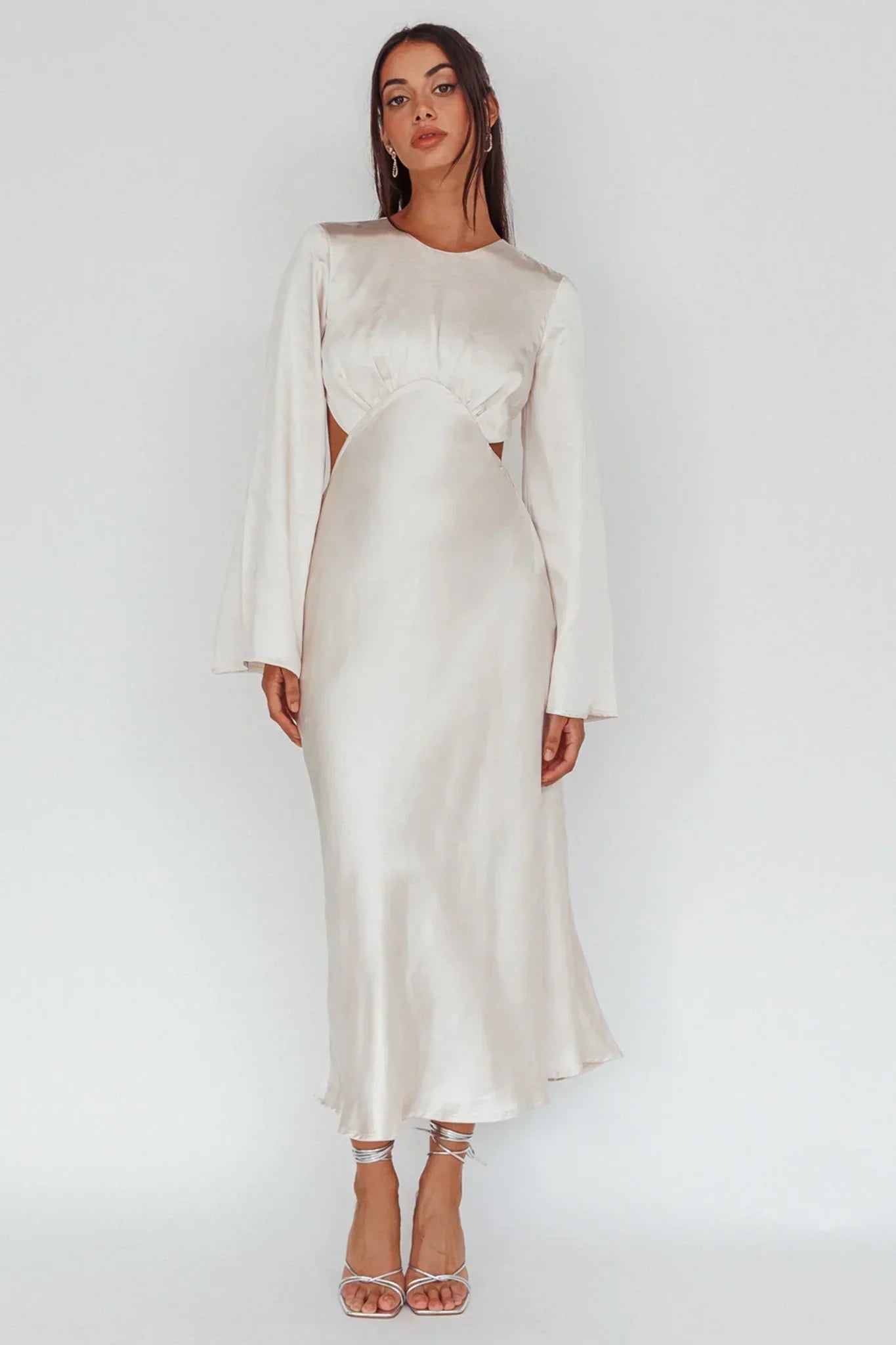 Doting Bell Sleeve Cut-Out Midi Dress Champagne