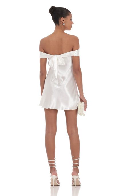 Satin Off Shoulder Dress in White