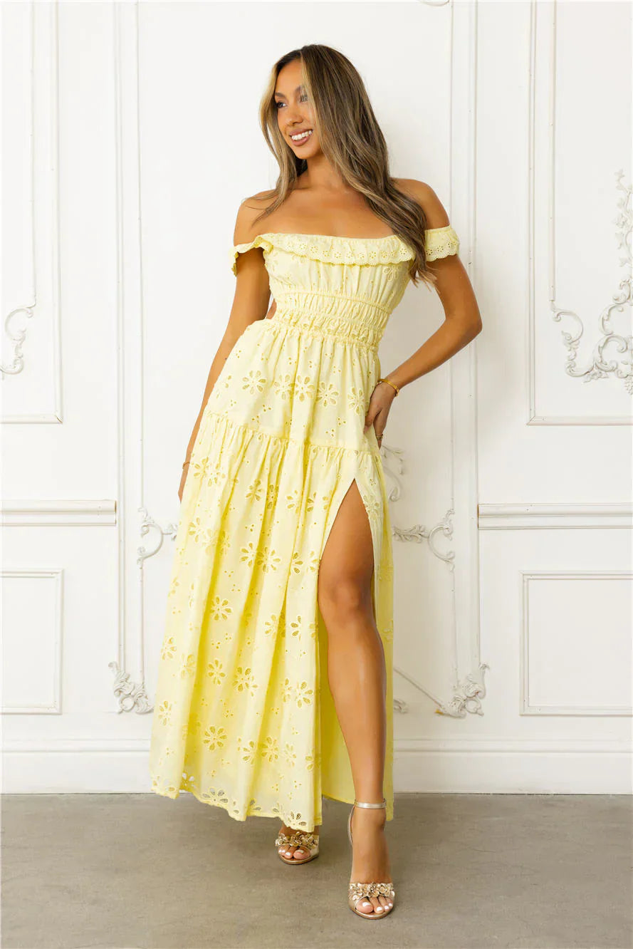 Secrets You Keep Off Shoulder Embroidered Maxi Dress
