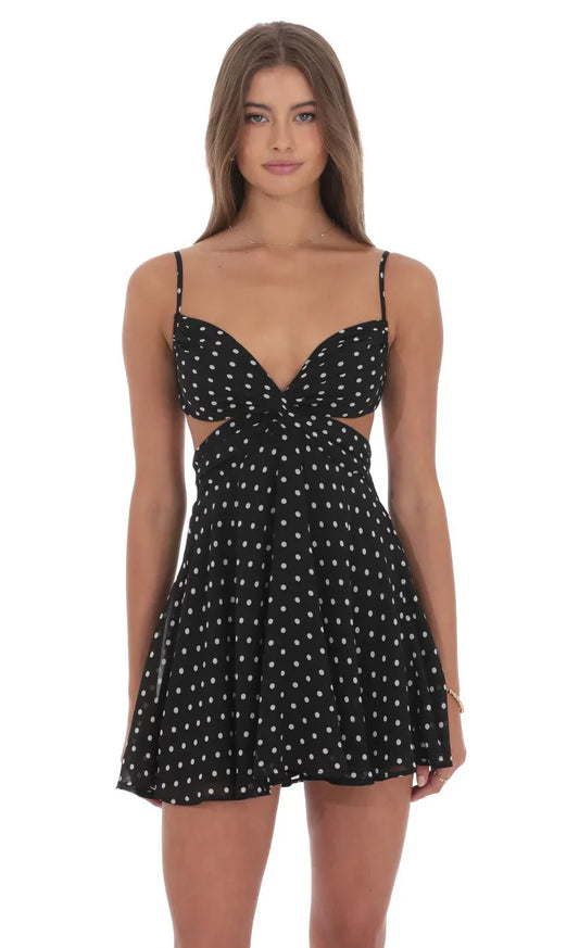 Polka Dot Cutout Fit and Flare Dress in Black