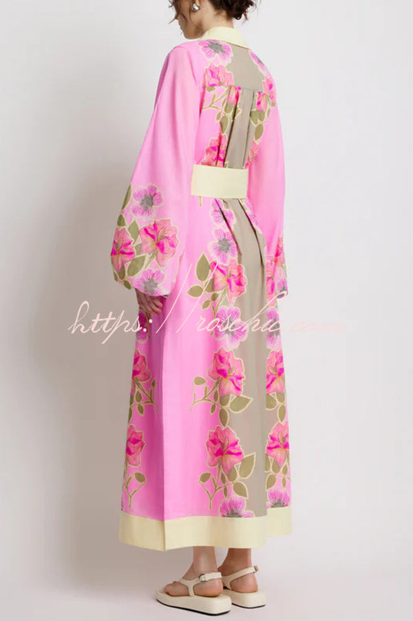 Linen Blend Floral Print Casual Cardigan Lace-up Maxi Dress