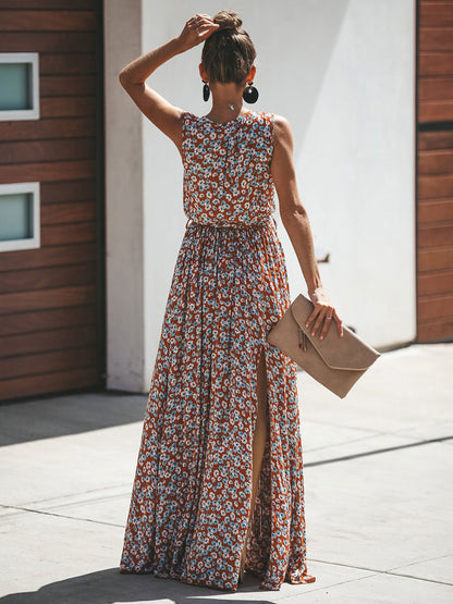 Floral Maxi Dress Sleeveless V Neck Split Summer Dress