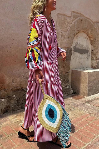Unique Printed V-neck Lace-up Balloon Sleeves Loose Maxi Dress