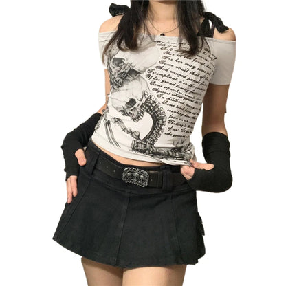 Camiseta de calavera gótica de los años 2000 para mujer, estética grunge, estilo hada, hombros descubiertos, manga corta, gráfica, ropa de calle Y2K