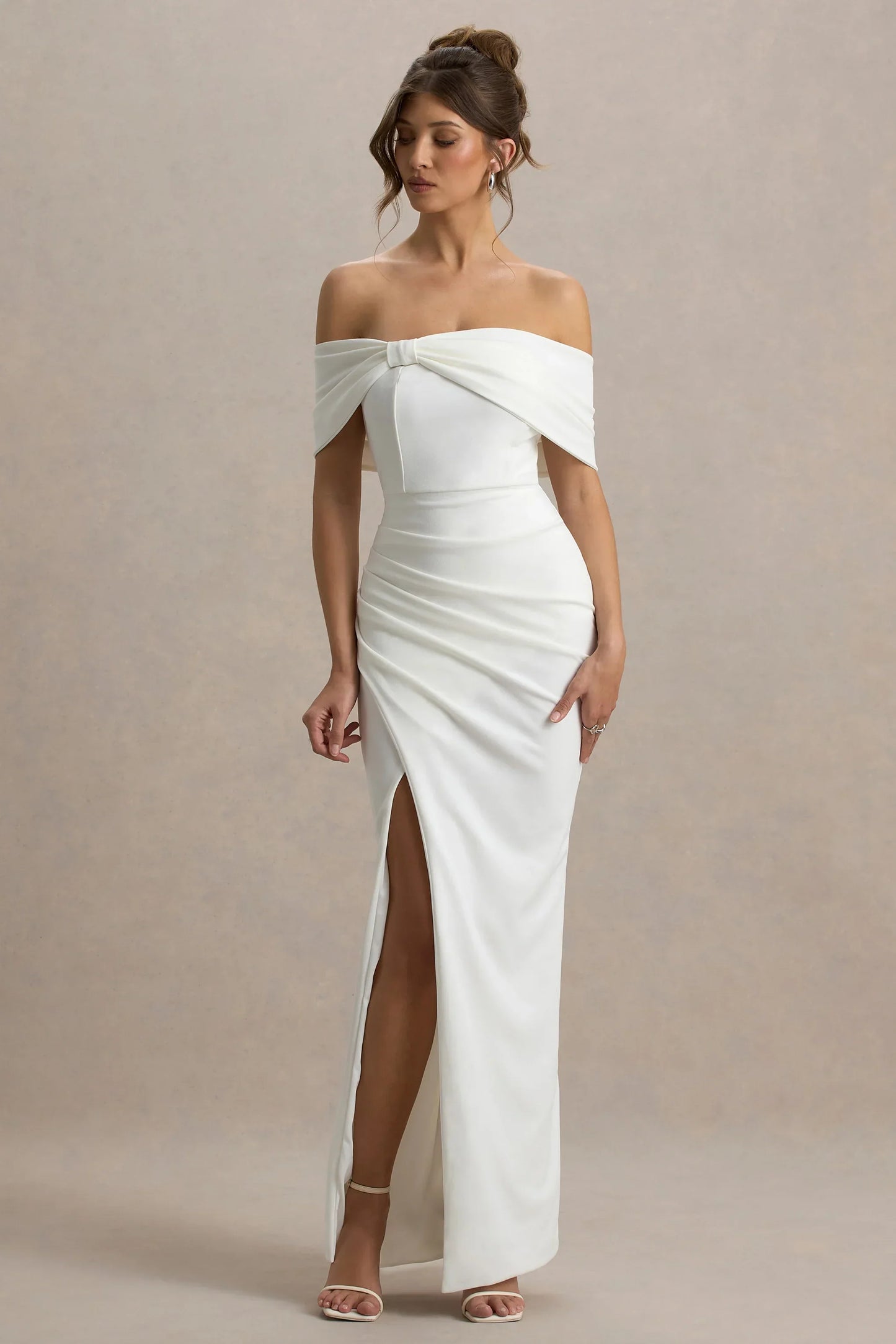 Eva | White Bardot Bow Detail Maxi Dress With Thigh Split