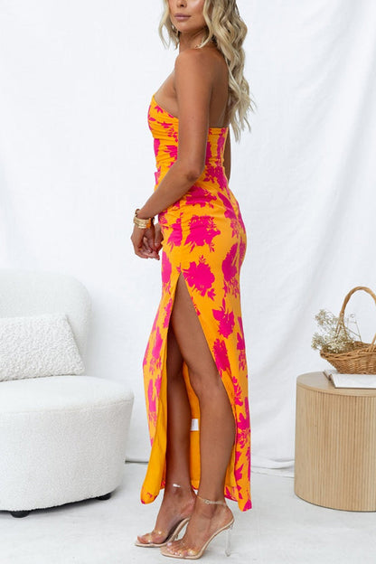 Right Time Floral Print One Shoulder Slit Maxi Dress