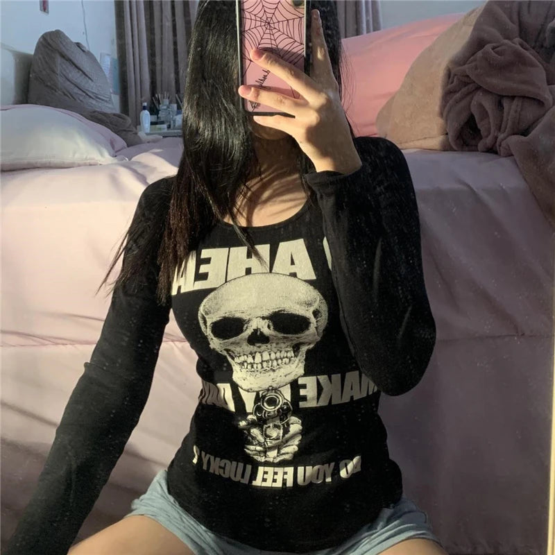 Camiseta con estampado callejero gótico Y2K, camiseta sin mangas de hip hop estética rock vintage para mujer, camiseta de anime Harajuku