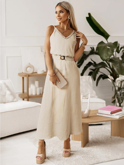 Boho Dress Ruffles V-Neck Belted Sleeveless Summer Casual Maxi Dresses
