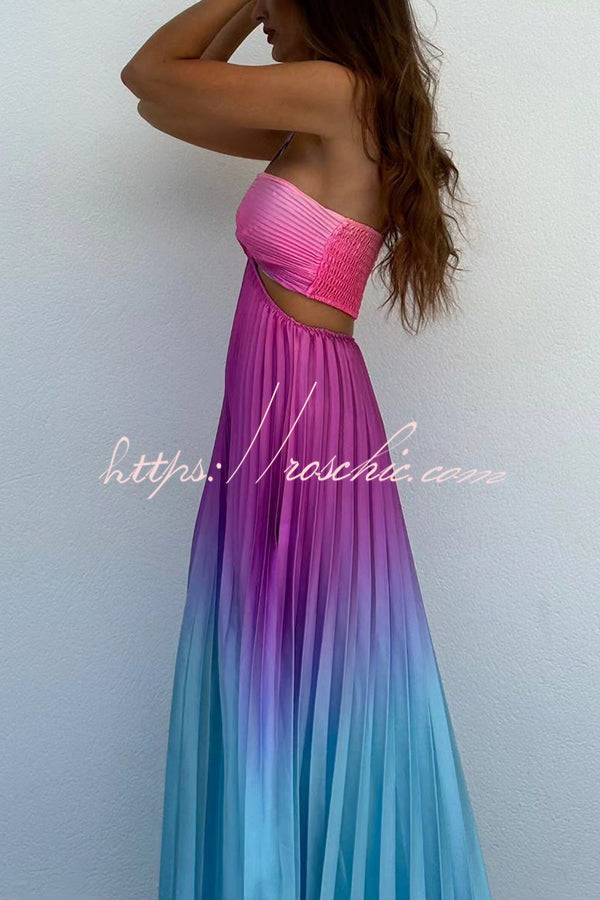 Get Ready Beautiful Gradient Print Cutout Halterneck Pleated Maxi Dress