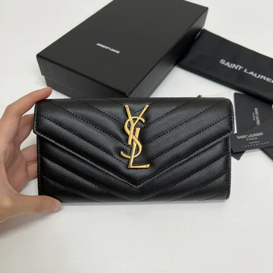 YSL Long Wallet Black Leather Gold Tone 10769 19cm