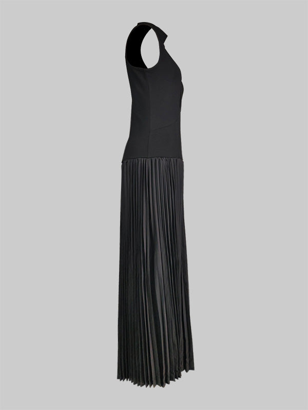 Bodycon Sleeveless Hollow Pleated Solid Color Split-Joint Mock Neck Maxi Dresses