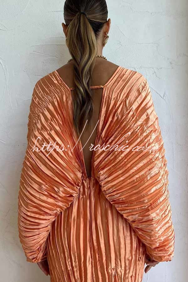 Sculpturally Luxurious Kimono Sleeve Pleated Cocoon Maxi Dress