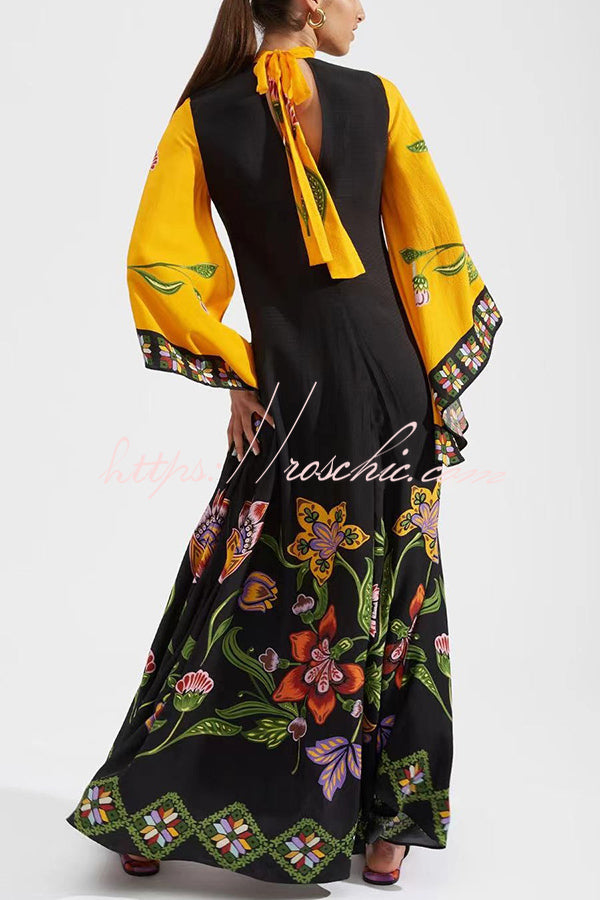 Shine The Light Unique Printed High Neck Bell Sleeve Loose Maxi Dress