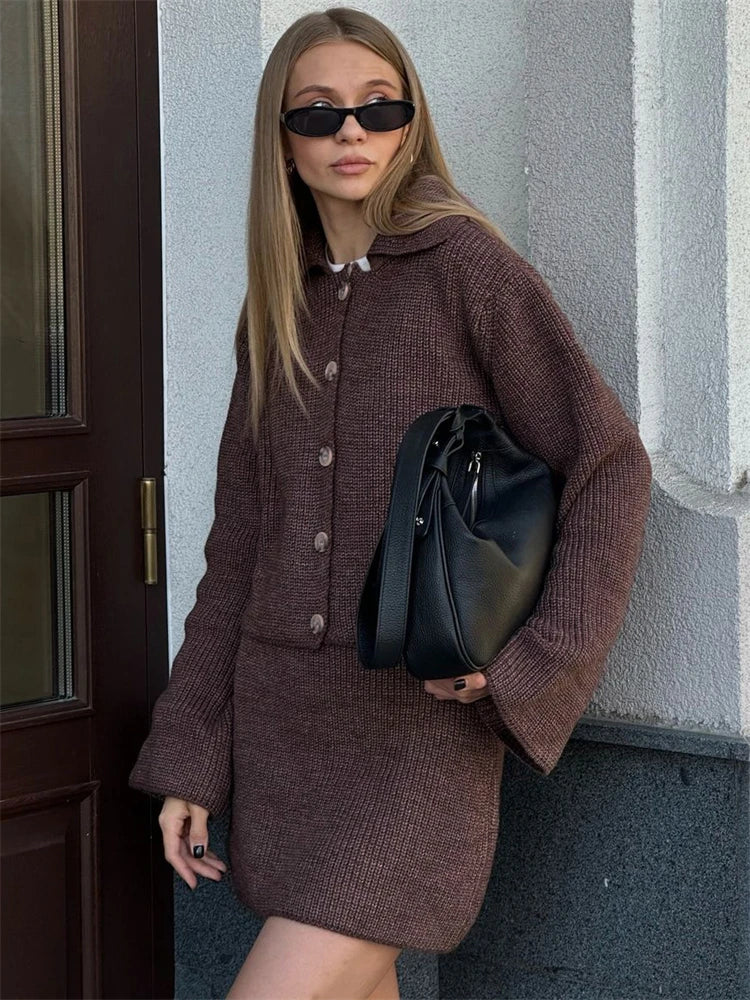 Conjunto de dos piezas formado por cárdigan, falda y traje de punto para mujer, con solapa y mangas acampanadas, para otoño e invierno, nuevo estilo