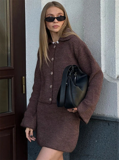 Conjunto de dos piezas formado por cárdigan, falda y traje de punto para mujer, con solapa y mangas acampanadas, para otoño e invierno, nuevo estilo