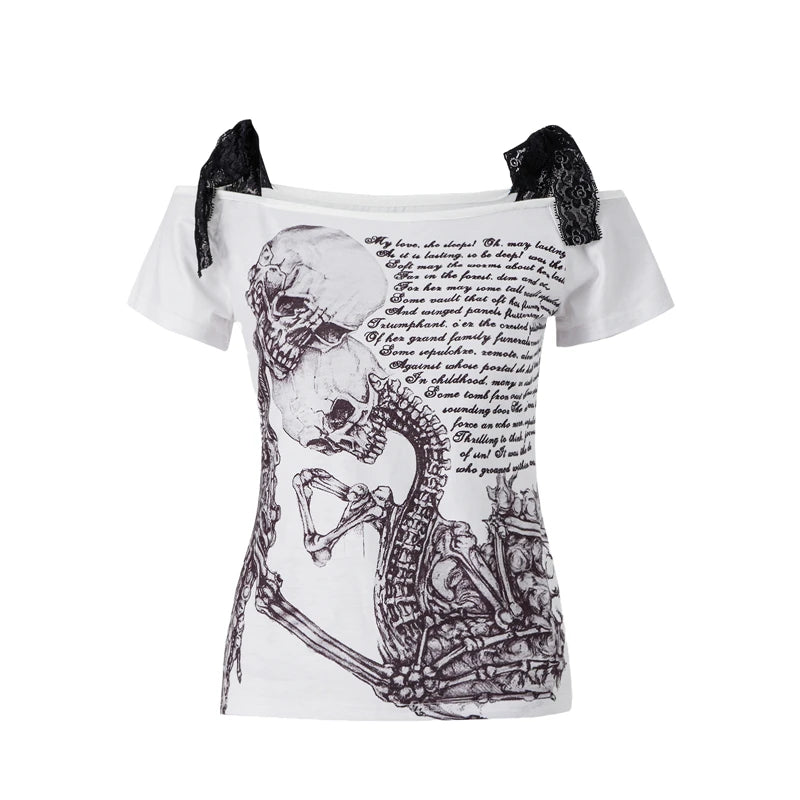 Camiseta de calavera gótica de los años 2000 para mujer, estética grunge, estilo hada, hombros descubiertos, manga corta, gráfica, ropa de calle Y2K