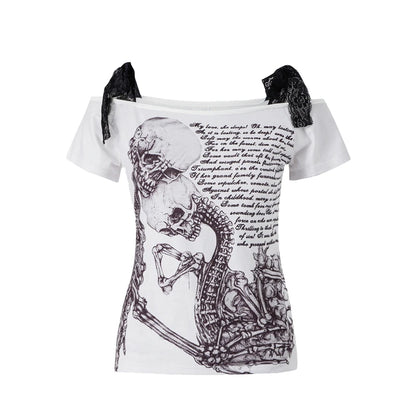 Camiseta de calavera gótica de los años 2000 para mujer, estética grunge, estilo hada, hombros descubiertos, manga corta, gráfica, ropa de calle Y2K