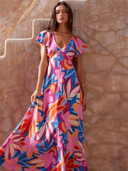 Printed Dress V-Neck Cap Sleeves Boho-Inspired Casual Summer Maxi Dresses
