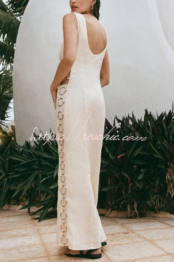 Glimmer of Hope Linen Blend Unique Print Side Hollow Ring Design Maxi Dress