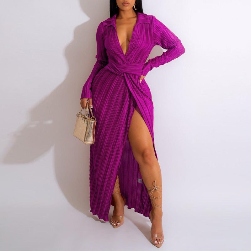 Elegant Long Sleeve Split Maxi Dress
