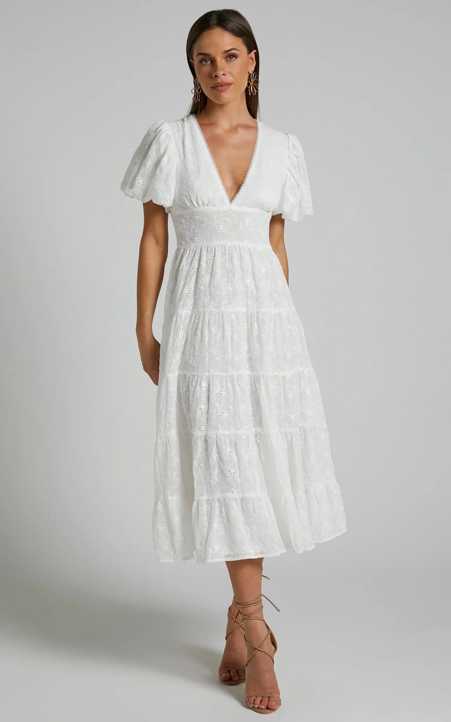 Divora Midi Dress - Plunge Balloon Sleeve Tiered Dress in Ivory