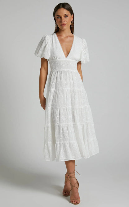 Divora Midi Dress - Plunge Balloon Sleeve Tiered Dress in Ivory