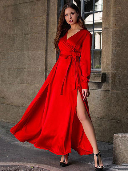 Maxi Dresses V-Neck Long Sleeves Sexy High-slit Floor Length Dress