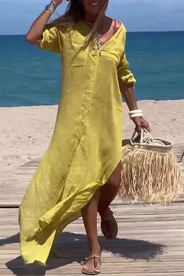 Happy Holidays Linen Blend Button Up Pocket Slit Shirt Maxi Dress