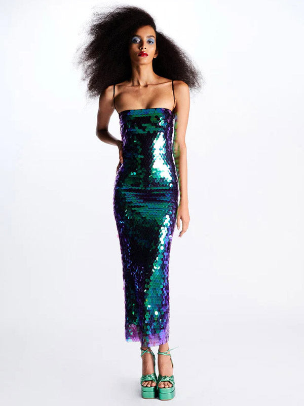 Sparkle Maxi Dress Spaghetti Straps Backless Sequins Prom Dresses