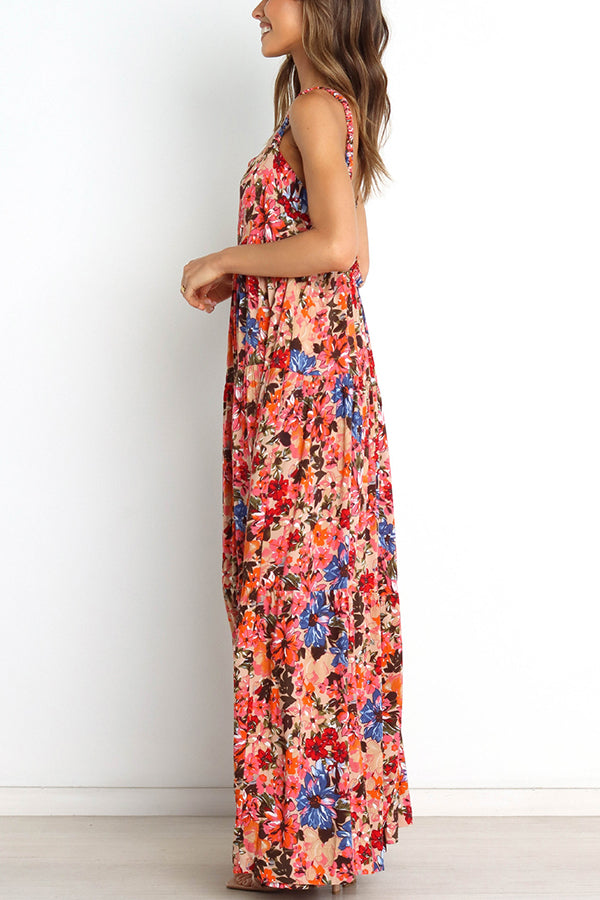 Uniquely Lovely Floral Pocketed Tiered A-line Maxi Dress