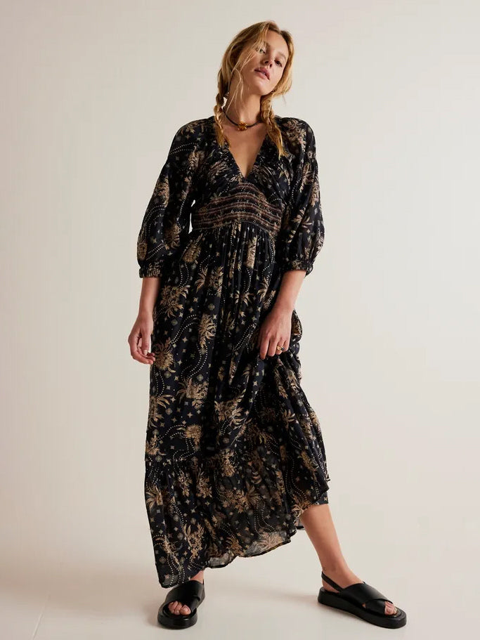 A-Line Flowy Dress Printed V-Neck Puff Sleeves Casual Summer Maxi Dresses