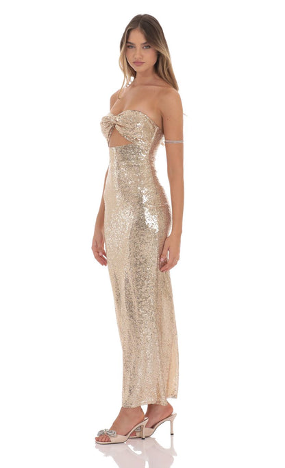 Sequin Bow Cutout Maxi Dress in Gold