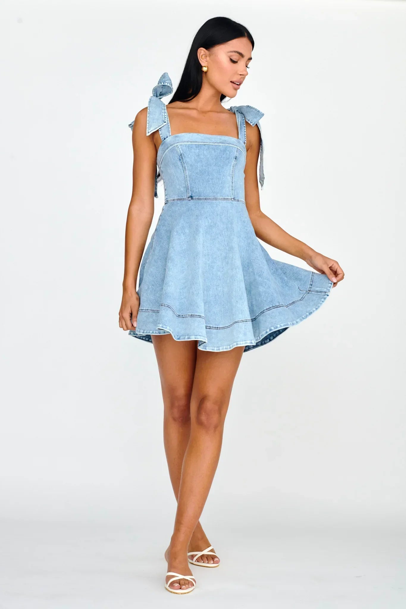 Jeanie Bow Shoulder Mini Dress Denim