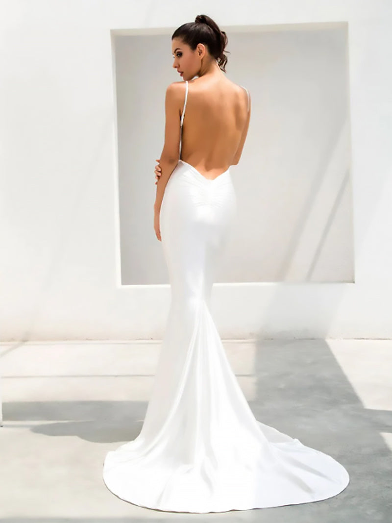Prom Maxi Dresses White V-Neck Sleeveless Backless Semi Formal Dress