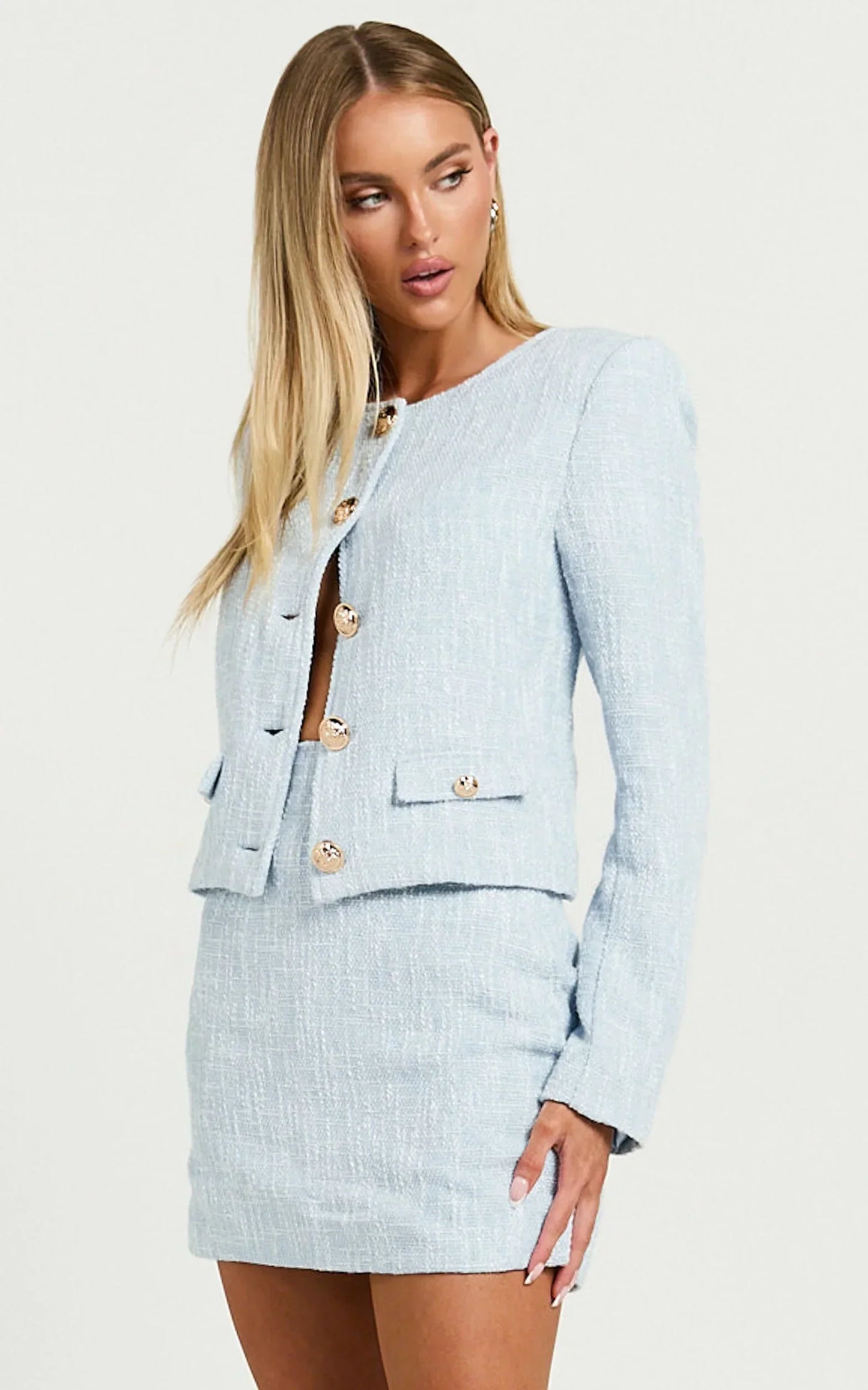Olympia Jacket - Boucle Scoop Neck Button Down Long Sleeve Jacket in Pale Blue
