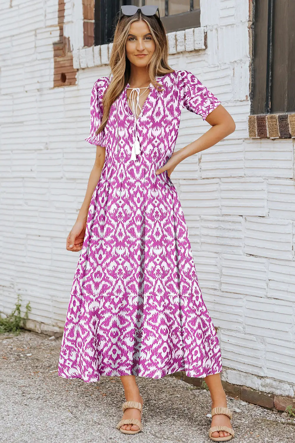 pink geometric maxi dress